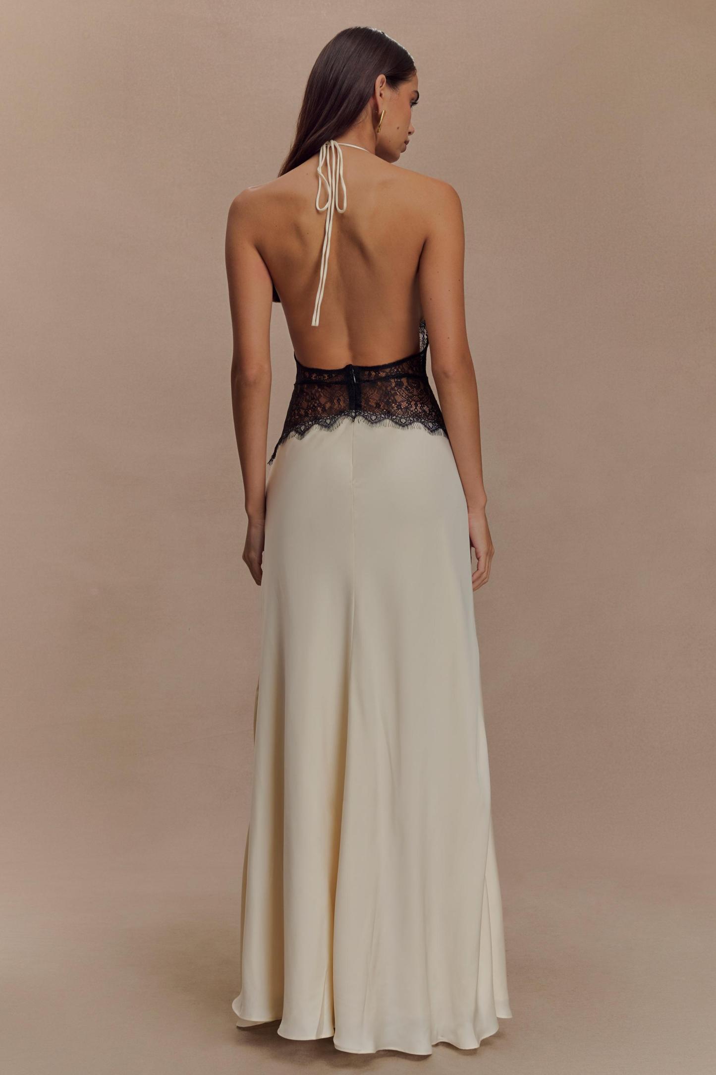 Satin Splicing Lace Halter Neck Maxi Dress