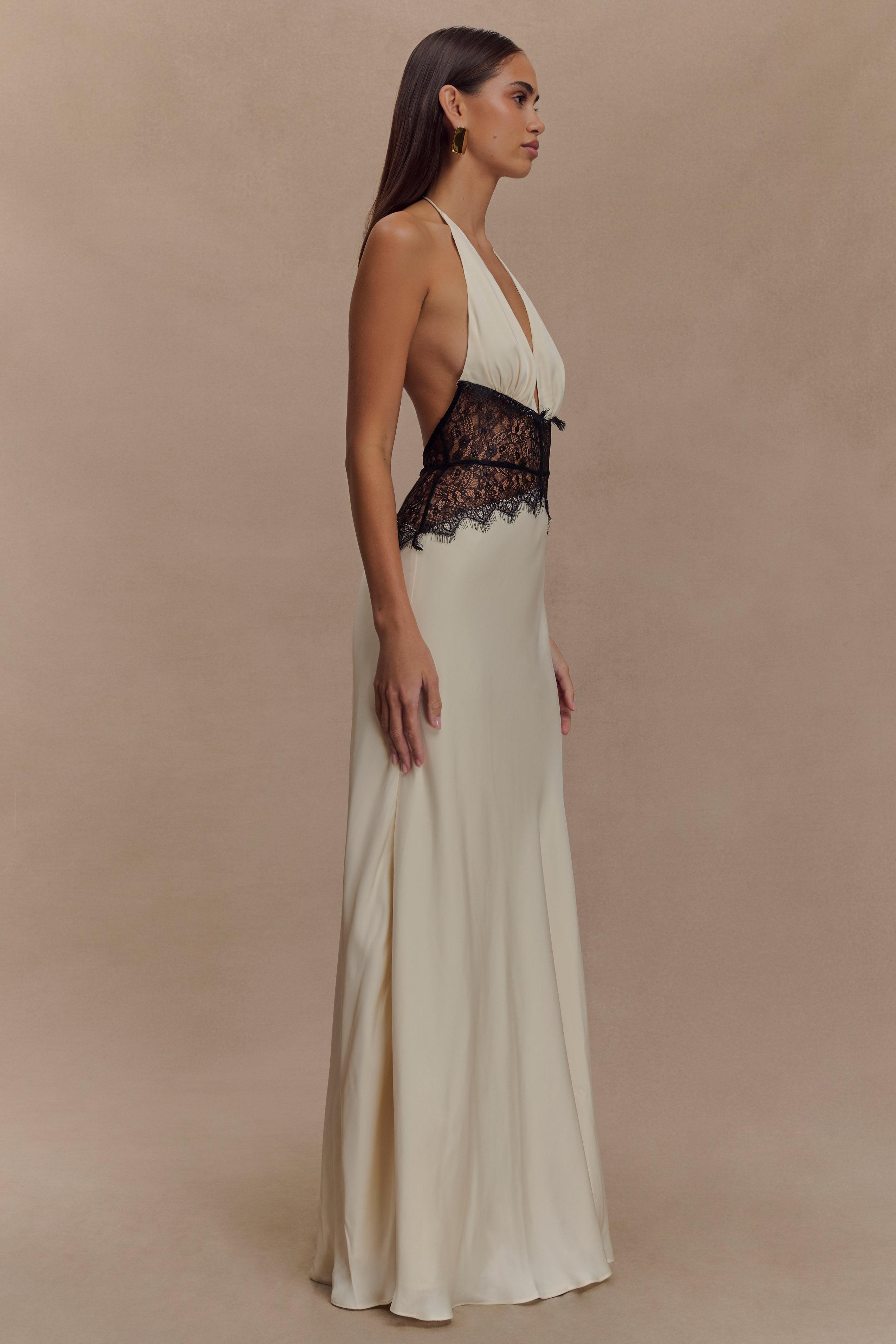 Satin Splicing Lace Halter Neck Maxi Dress