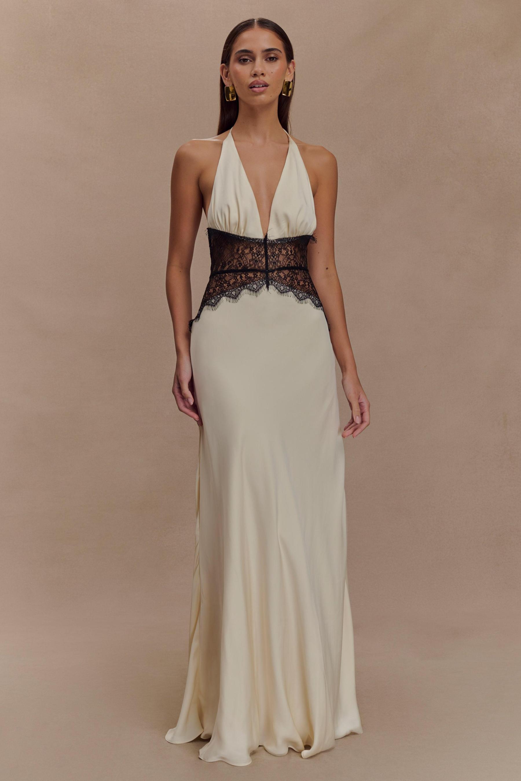 Satin Splicing Lace Halter Neck Maxi Dress