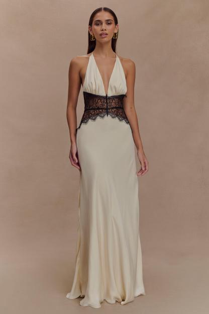 Satin Splicing Lace Halter Neck Maxi Dress