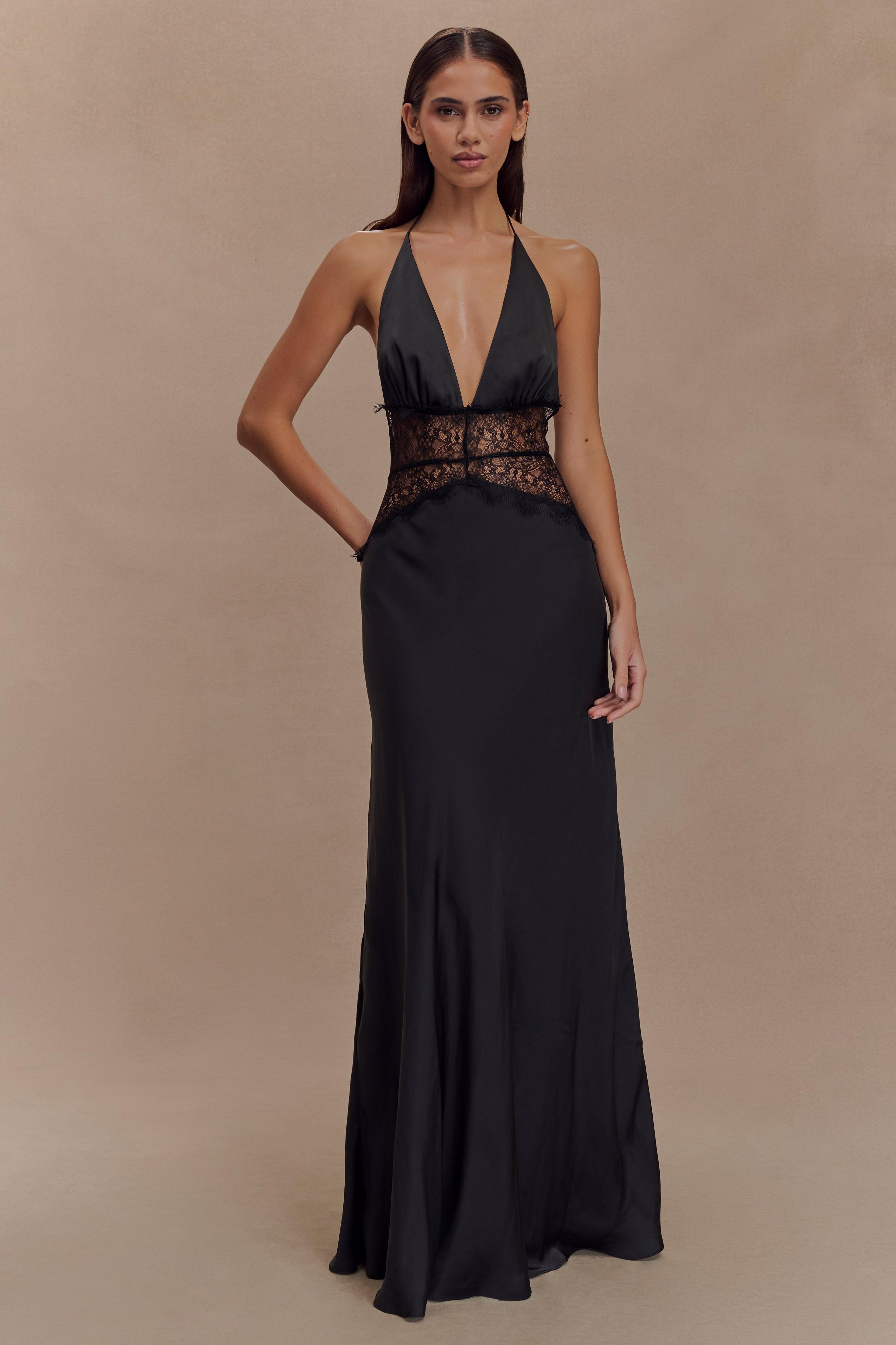 Satin Splicing Lace Halter Neck Maxi Dress
