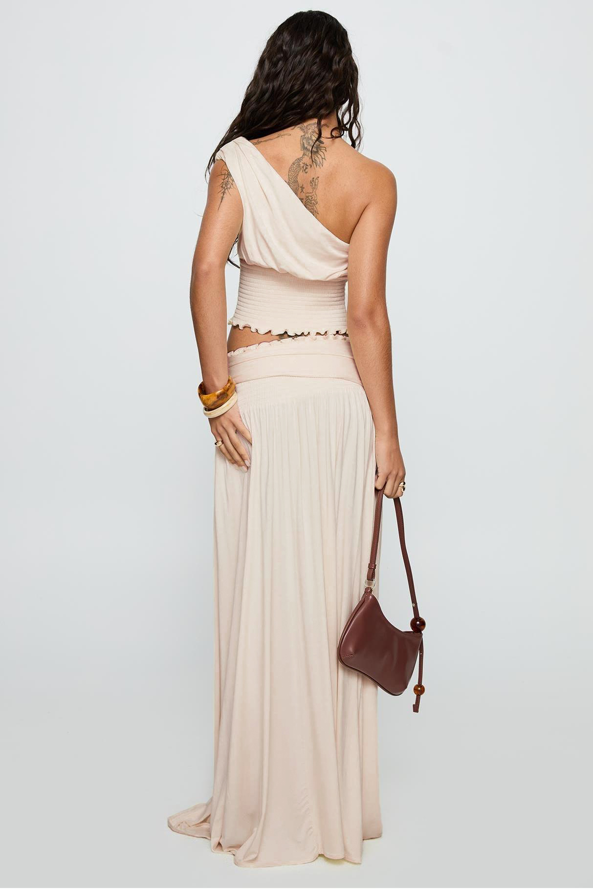Skew Collar Smocking Top & Solid Low Waist Maxi Skirt Set