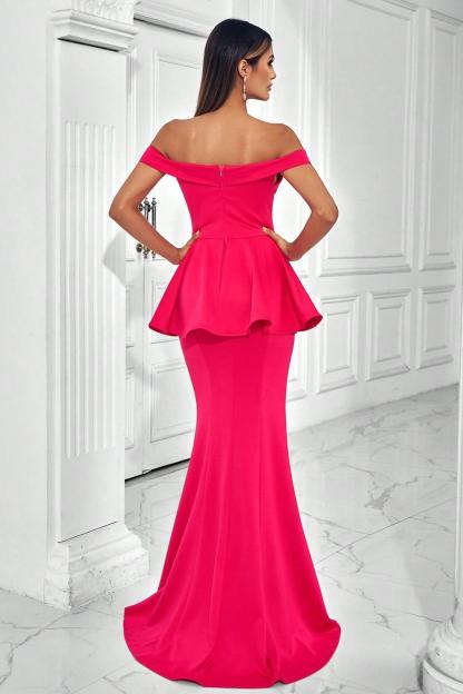 Vestido largo con lazo y hombros descubiertos y perlas de imitación