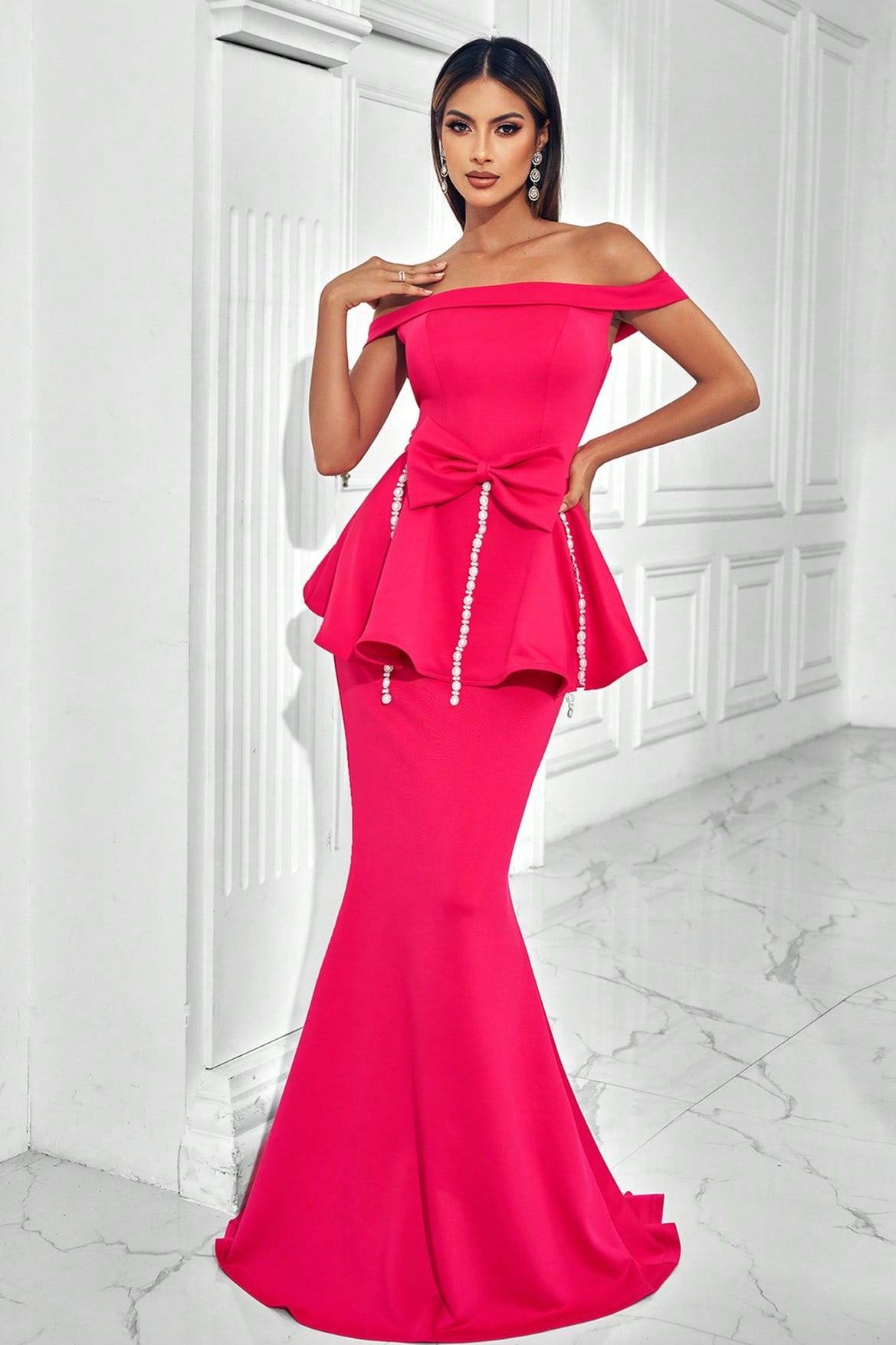Vestido largo con lazo y perlas de imitación, con hombros descubiertos