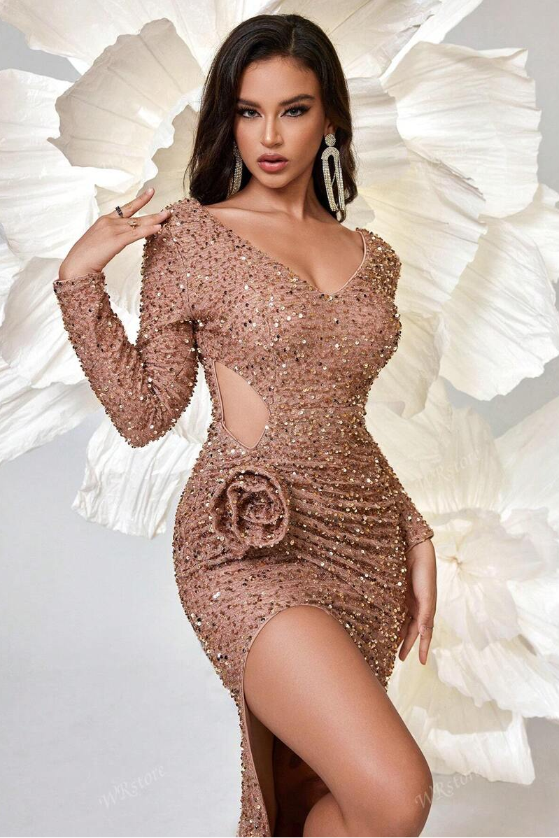 3D Flower Sequin Cut-Out Maxi Dress