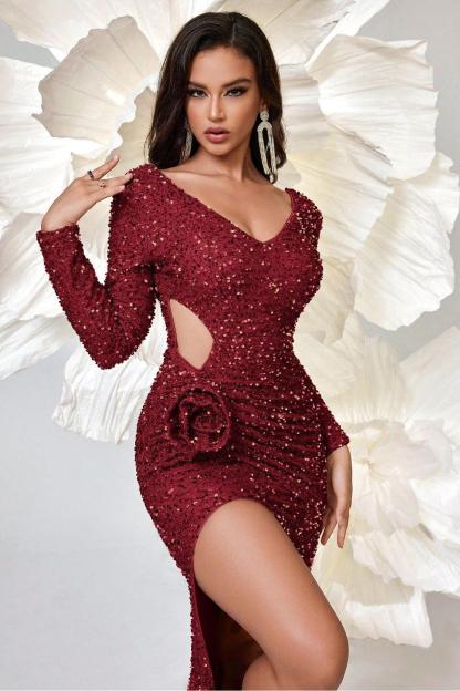 3D Flower Sequin Cut-Out Maxi Dress