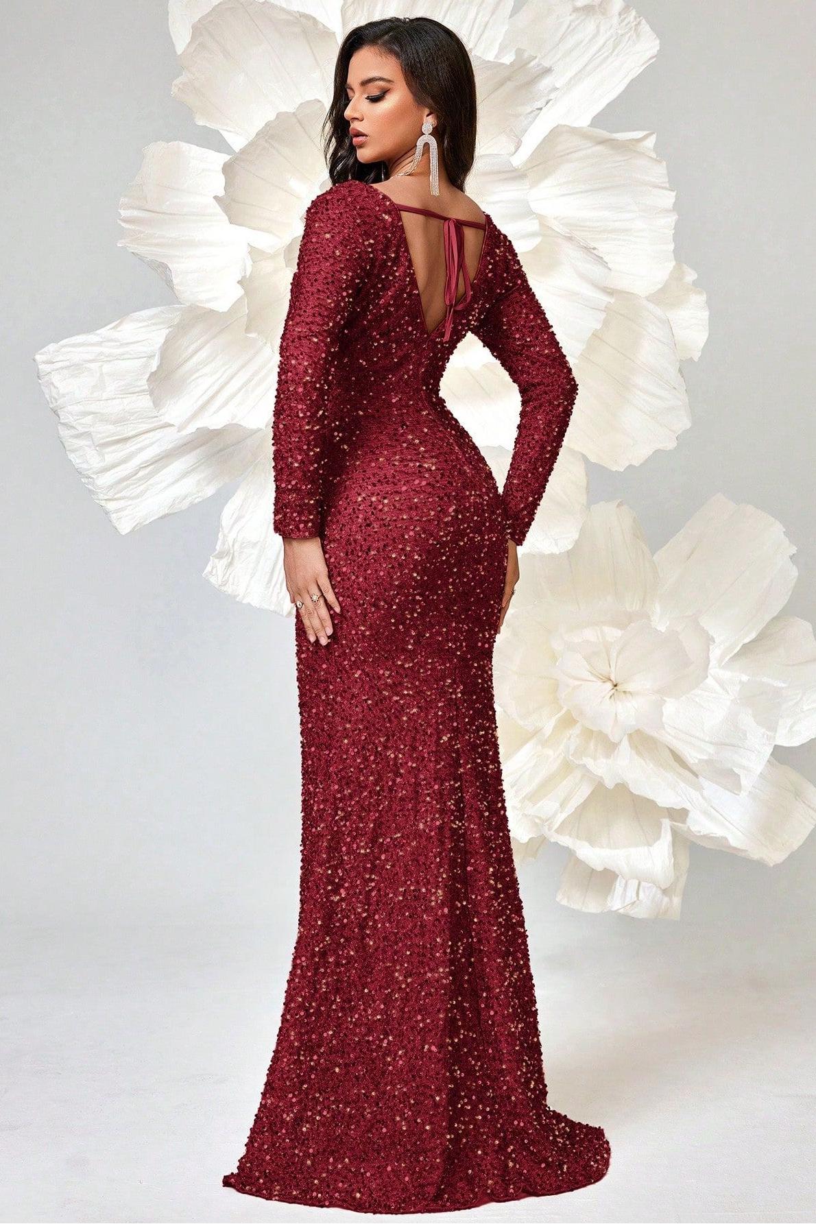 3D Flower Sequin Cut-Out Maxi Dress