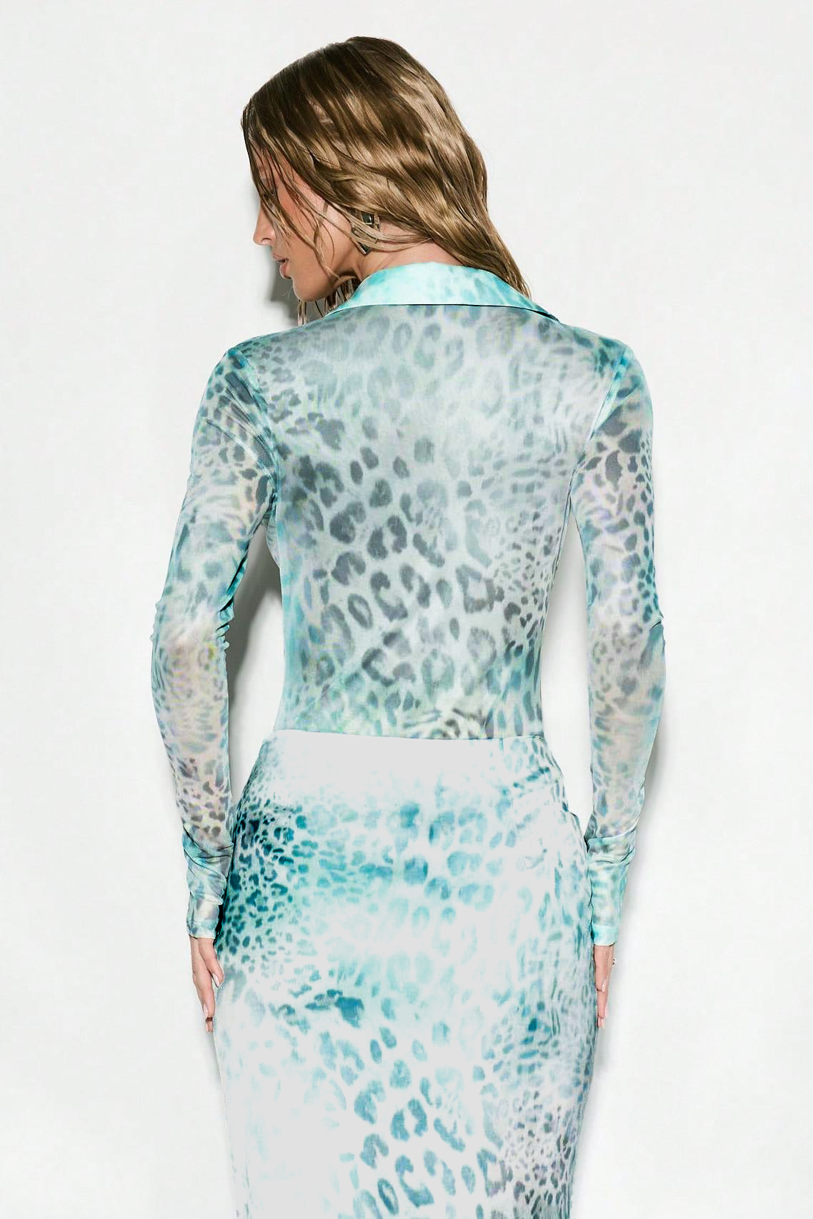 Leopard Print Shirt Collar Bodysuit & Gathering Low Waist Maxi Skirt Set