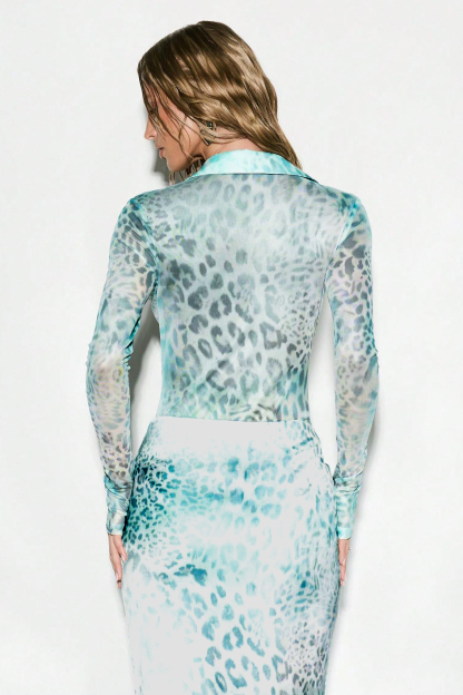 Leopard Print Shirt Collar Bodysuit & Gathering Low Waist Maxi Skirt Set