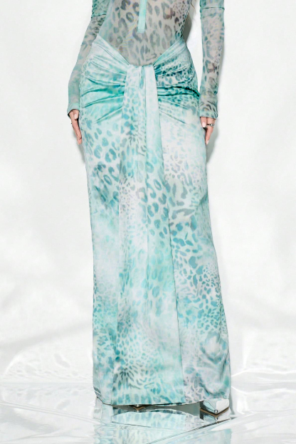 Leopard Print Shirt Collar Bodysuit & Gathering Low Waist Maxi Skirt Set