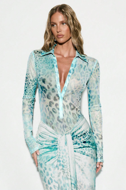 Leopard Print Shirt Collar Bodysuit & Gathering Low Waist Maxi Skirt Set