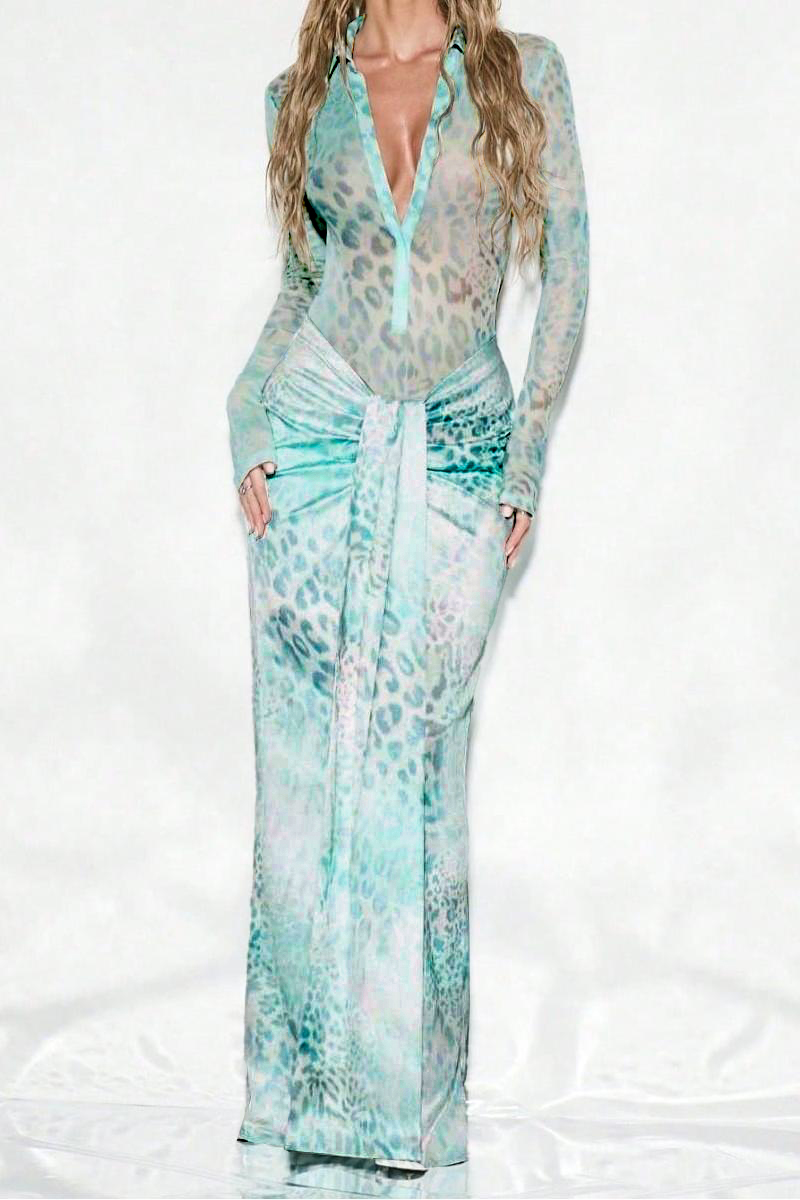 Leopard Print Shirt Collar Bodysuit & Gathering Low Waist Maxi Skirt Set