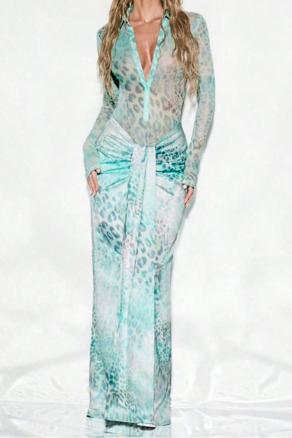 Leopard Print Shirt Collar Bodysuit & Gathering Low Waist Maxi Skirt Set