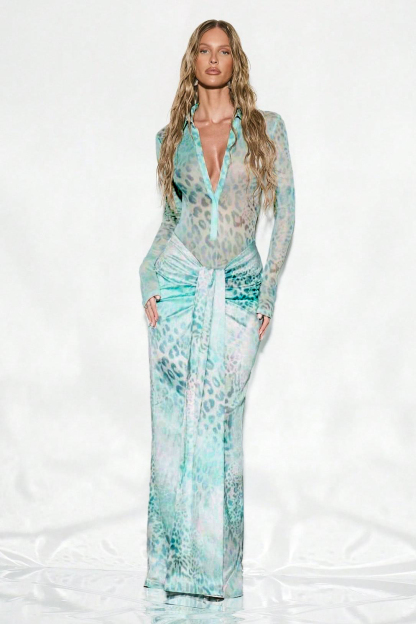 Leopard Print Shirt Collar Bodysuit & Gathering Low Waist Maxi Skirt Set