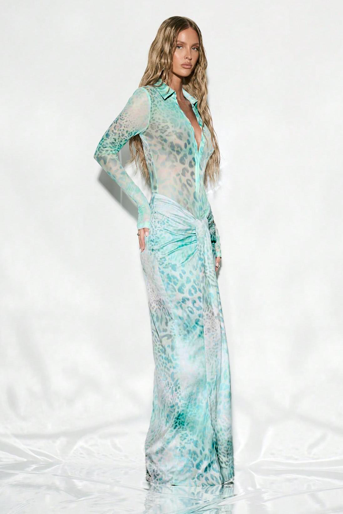 Leopard Print Shirt Collar Bodysuit & Gathering Low Waist Maxi Skirt Set