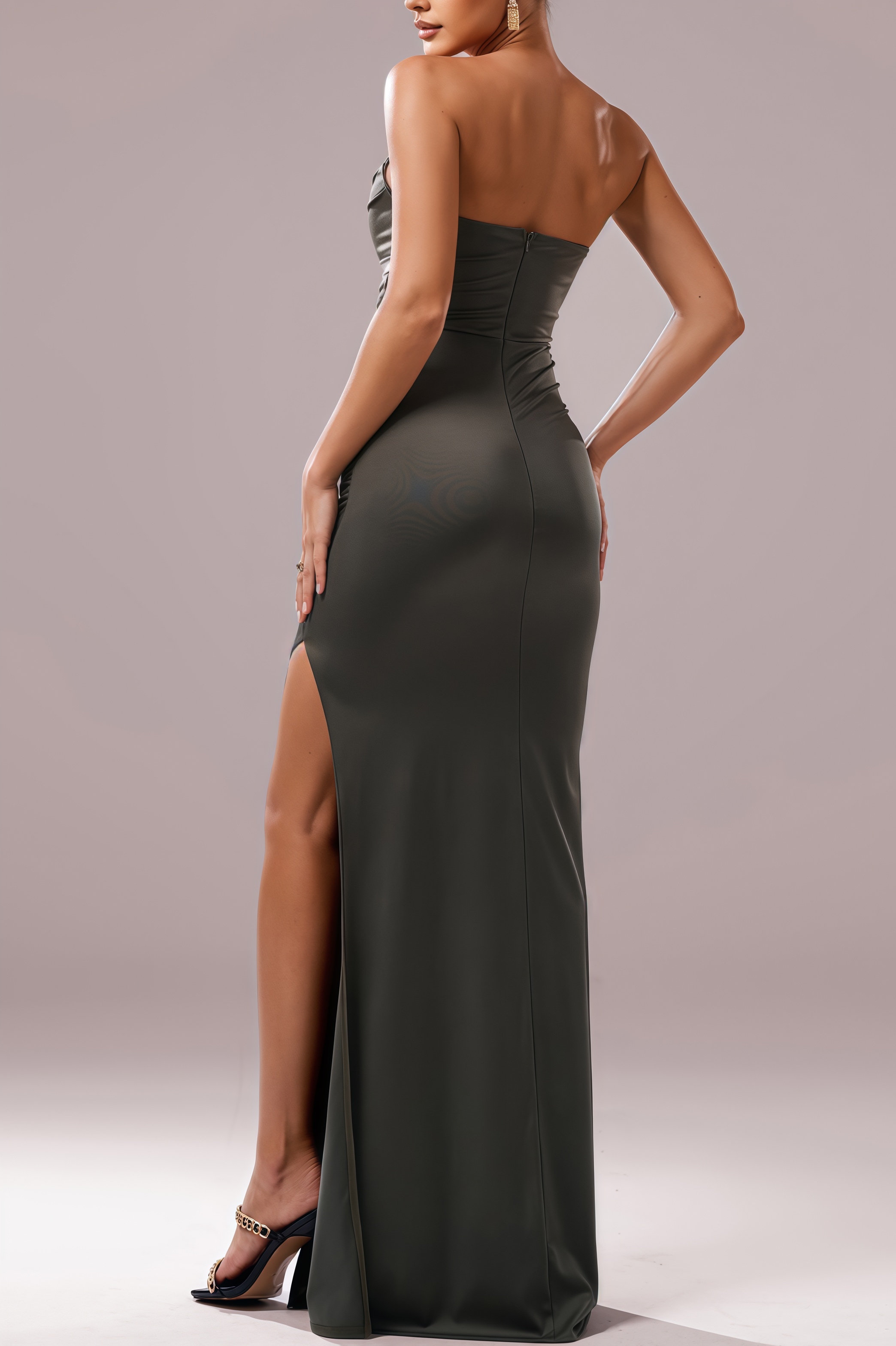 Off-Shoulder Gathering Slit Maxi Dress