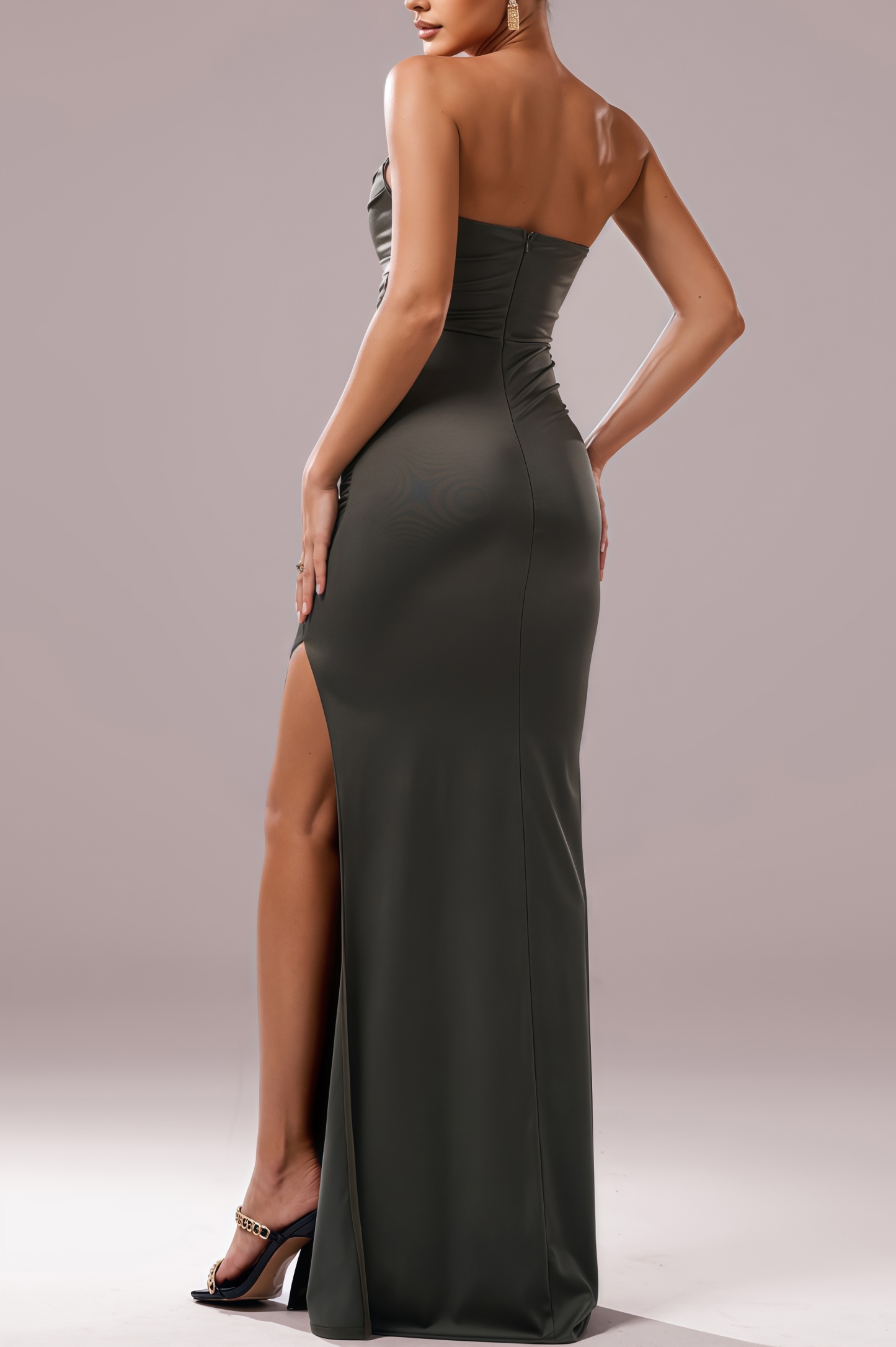 Off-Shoulder Gathering Slit Maxi Dress