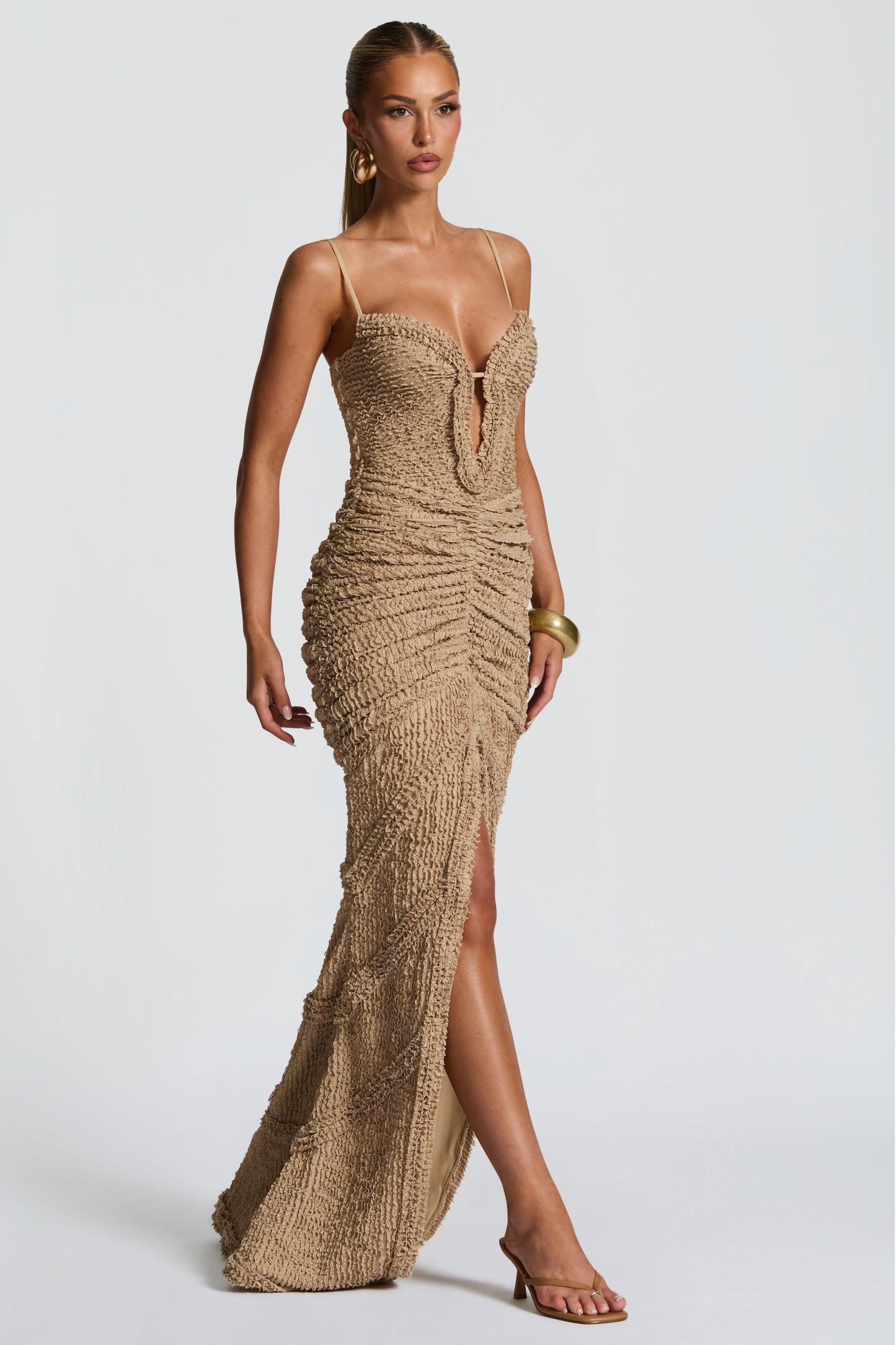 Cut-Out Frill Slit Maxi Dress