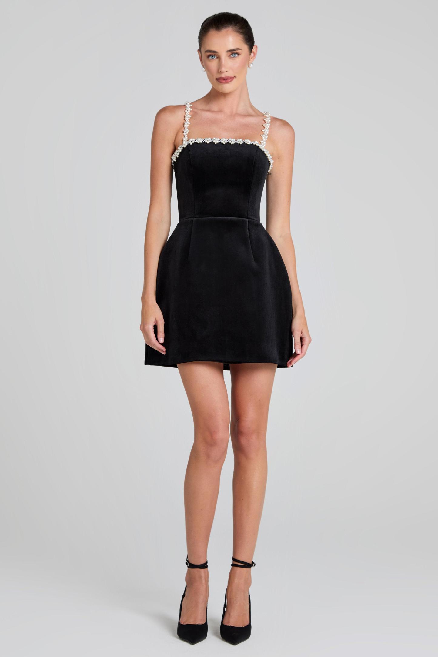 Bandage Faux Pearl Square Collar Mini Dress