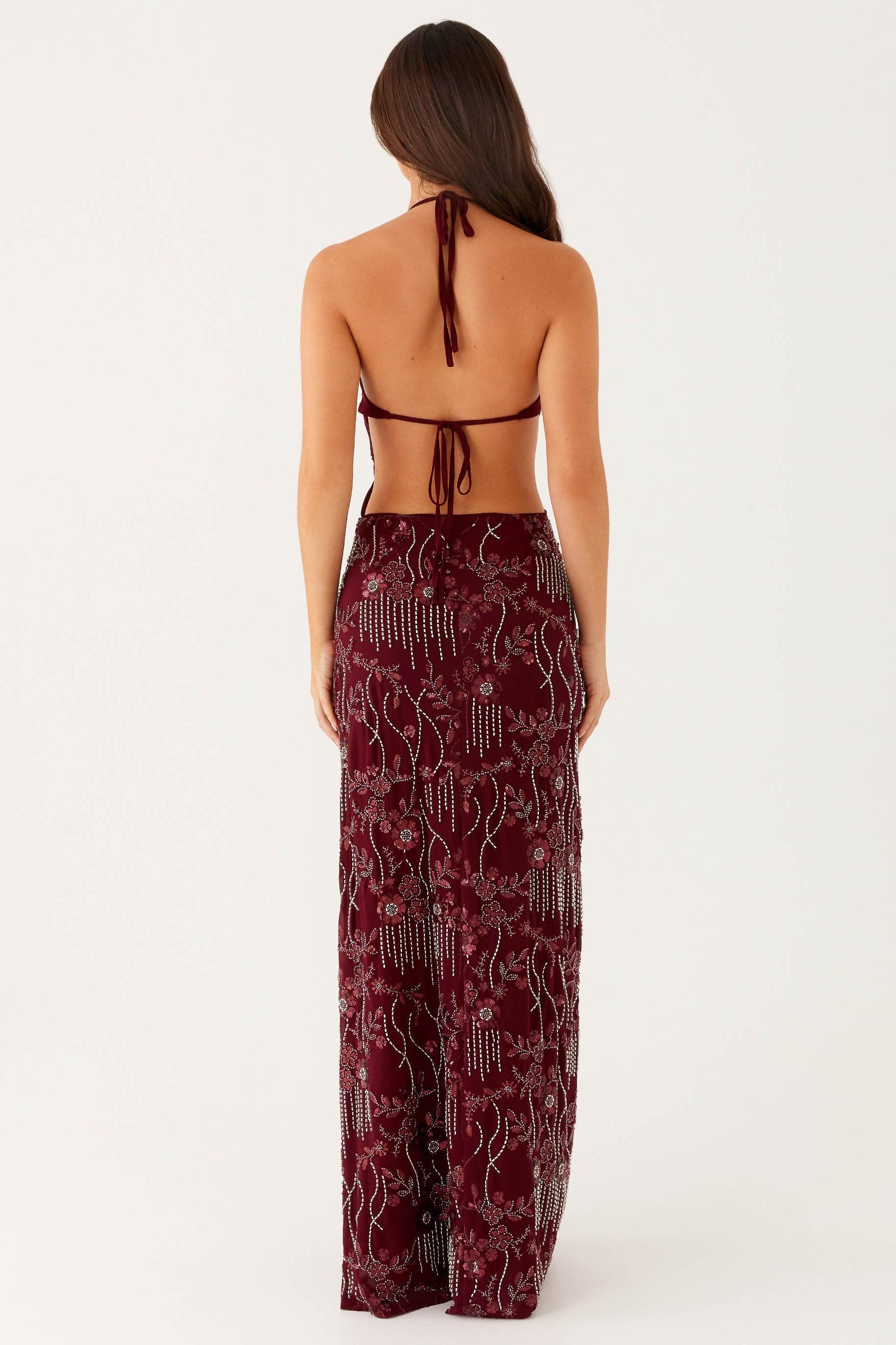 Sequin Backless Lace-Up Maxi Dress