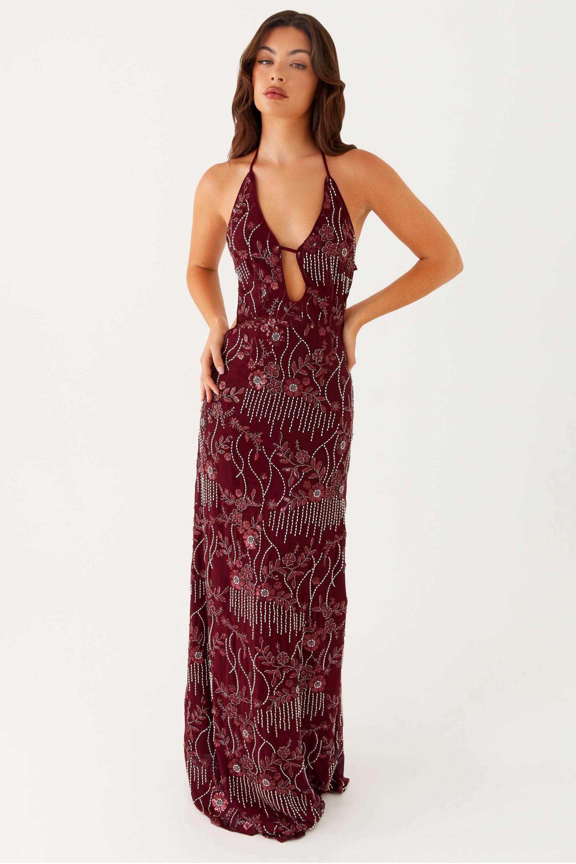 Sequin Backless Lace-Up Maxi Dress