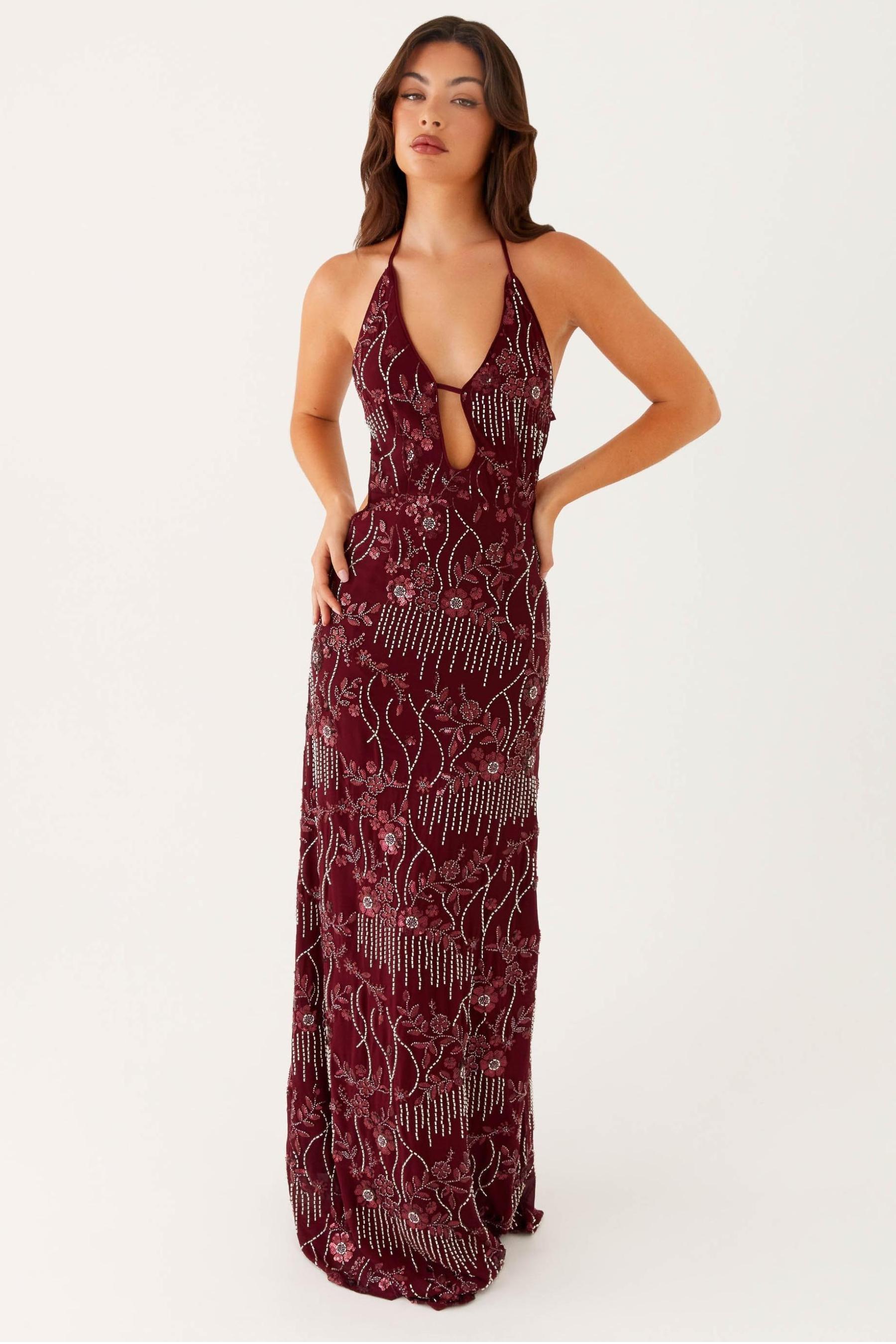 Sequin Backless Lace-Up Maxi Dress
