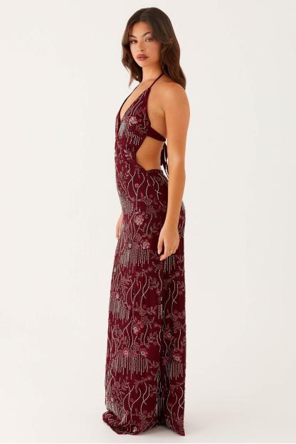 Sequin Backless Lace-Up Maxi Dress