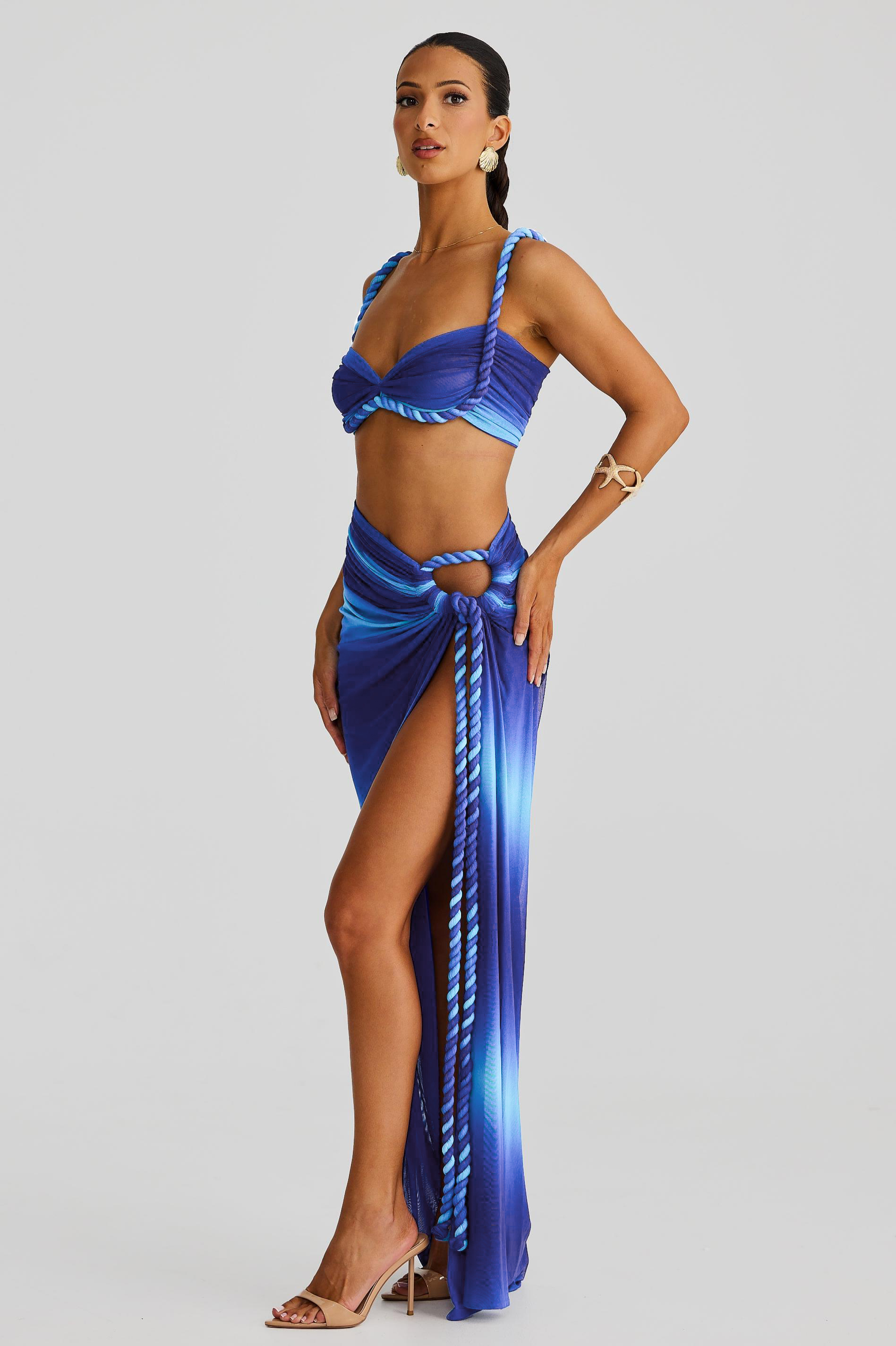 Decorative Rope Gathering Top & Slit Maxi Skirt Set