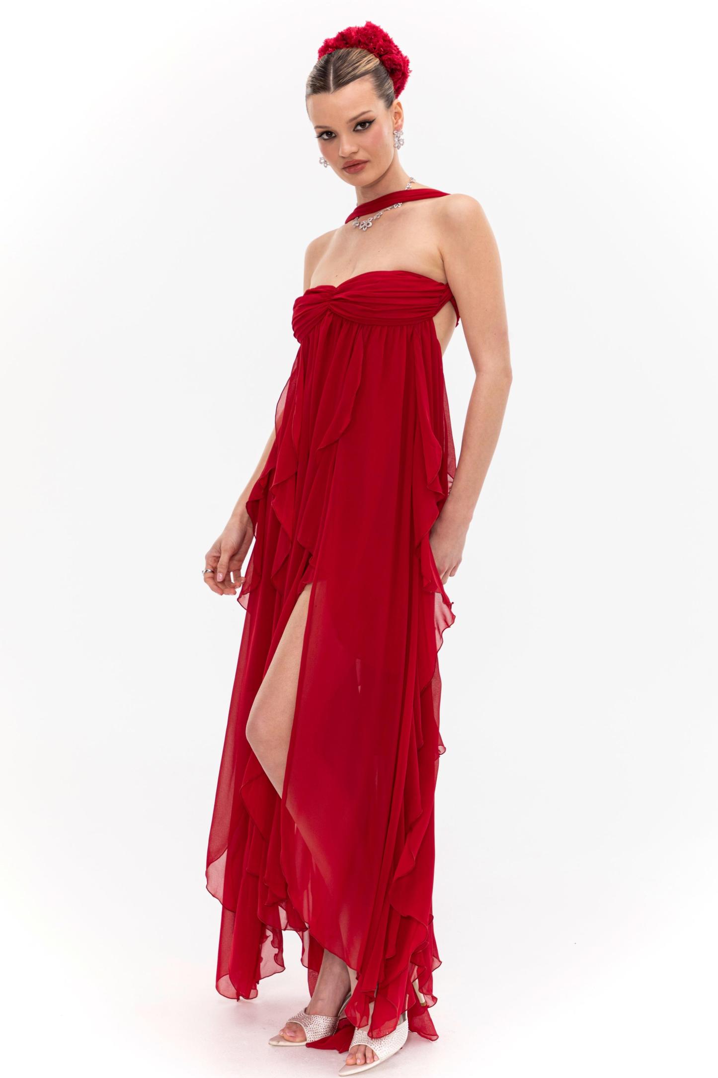 Chiffon Off-Shoulder Slit Maxi Dress