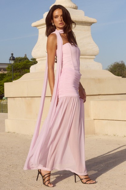 Off-Shoulder Mesh Rucehd Maxi Dress