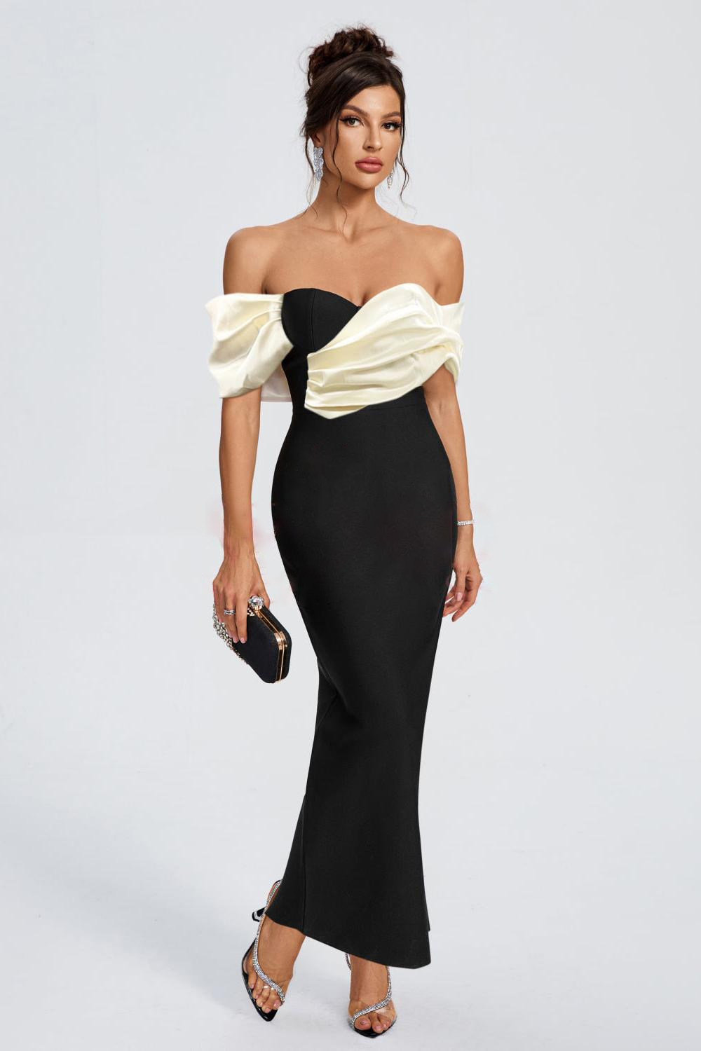 Bandage Contrast Color Off-Shoulder Maxi Dress