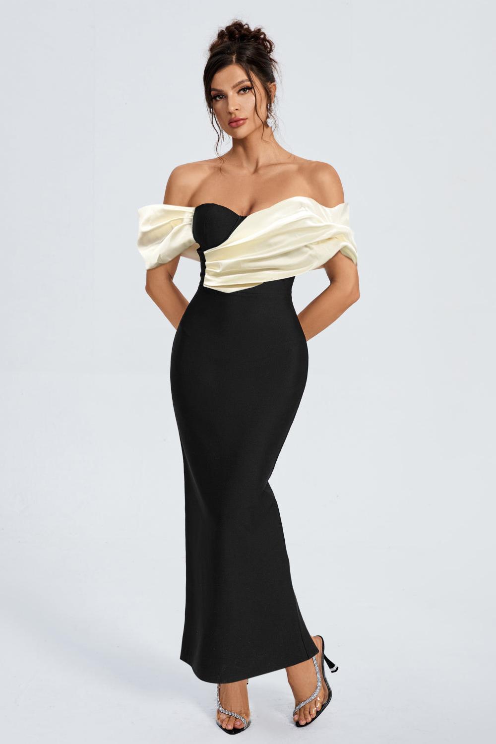 Bandage Contrast Color Off-Shoulder Maxi Dress