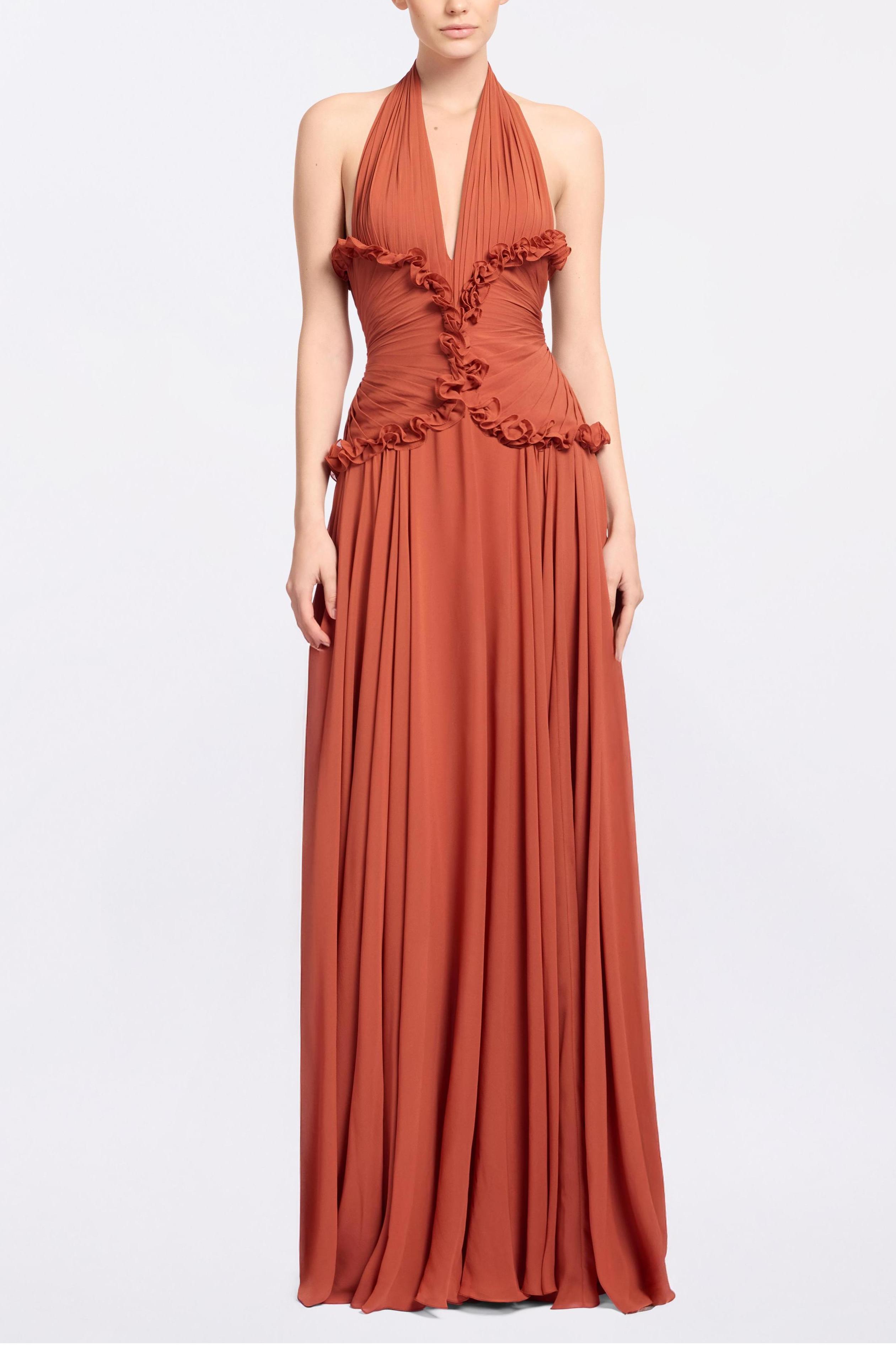 Chiffon V-Neck Frill Maxi Dress