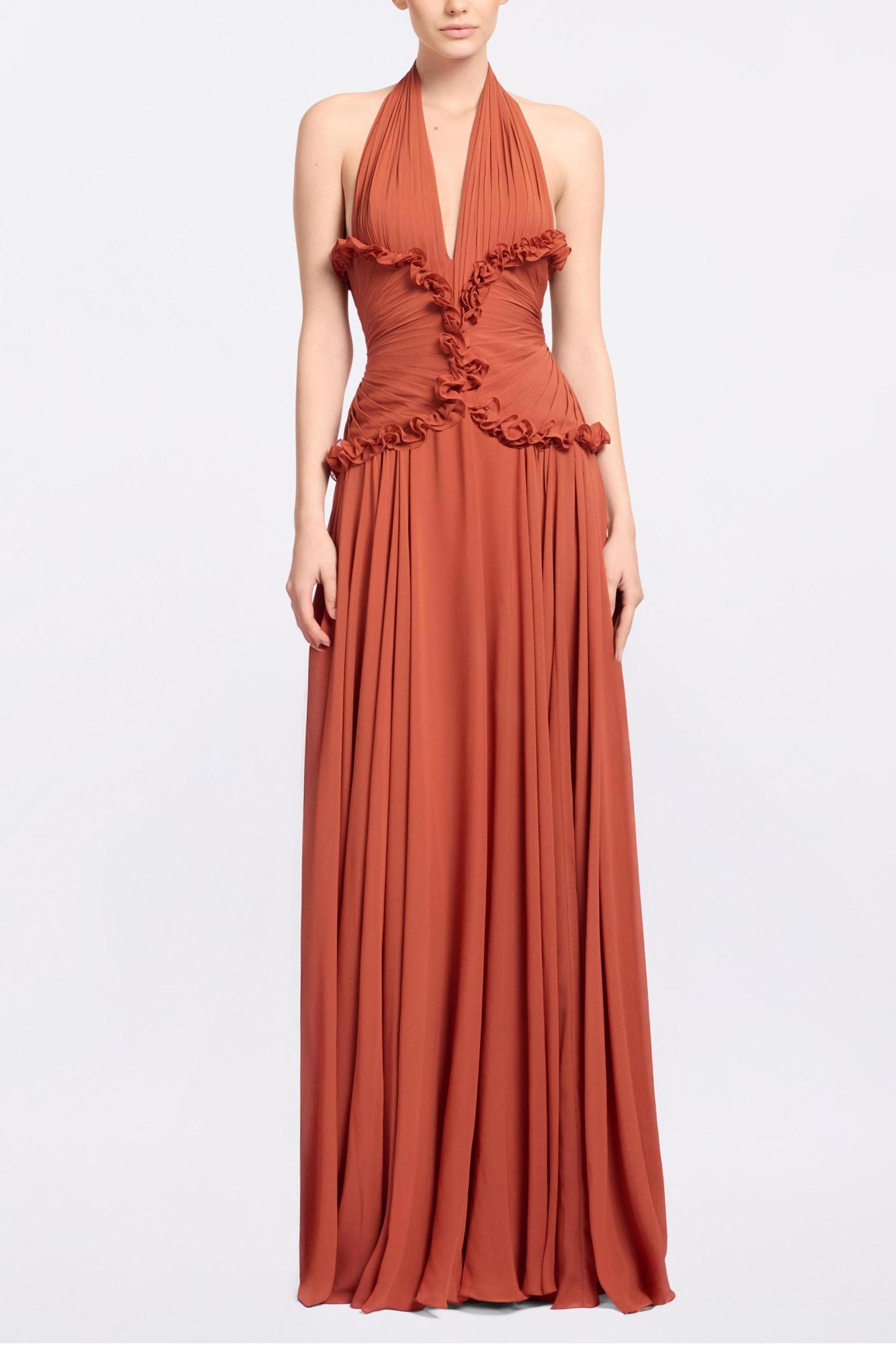 Chiffon V-Neck Frill Maxi Dress