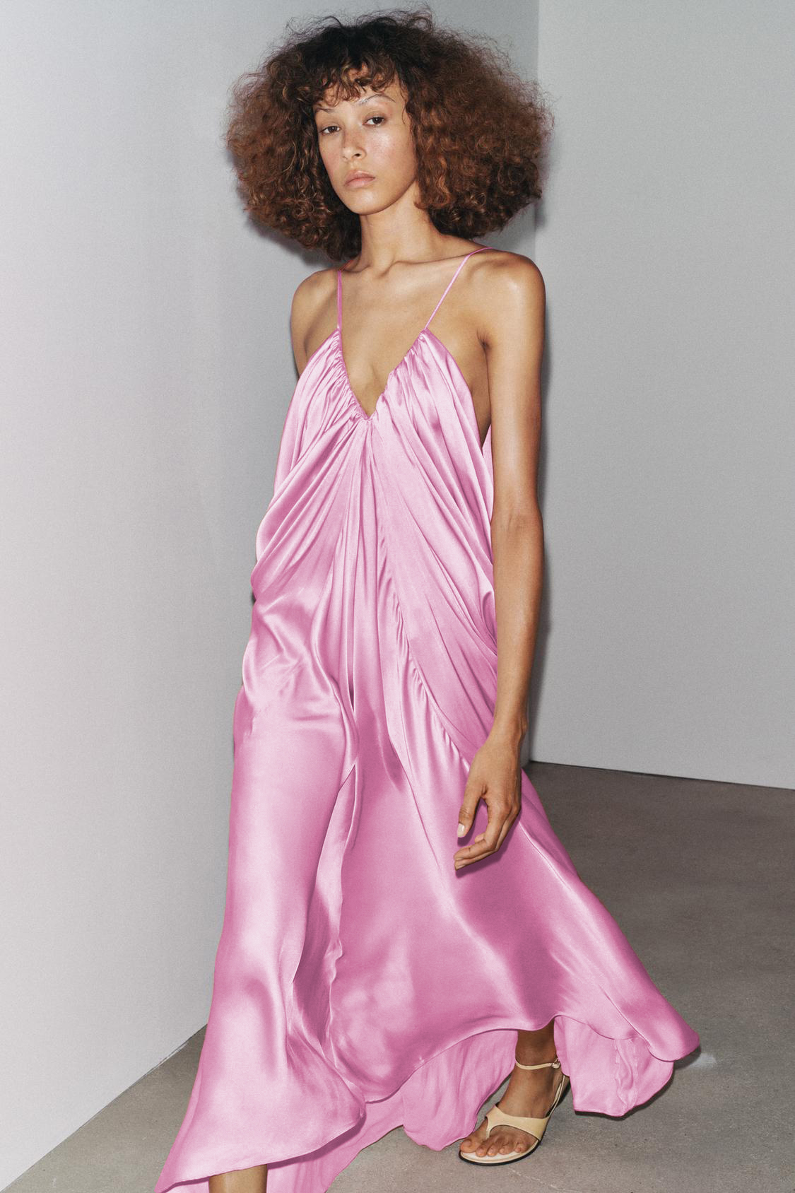 Satin V-Neck Gathering Maxi Dress