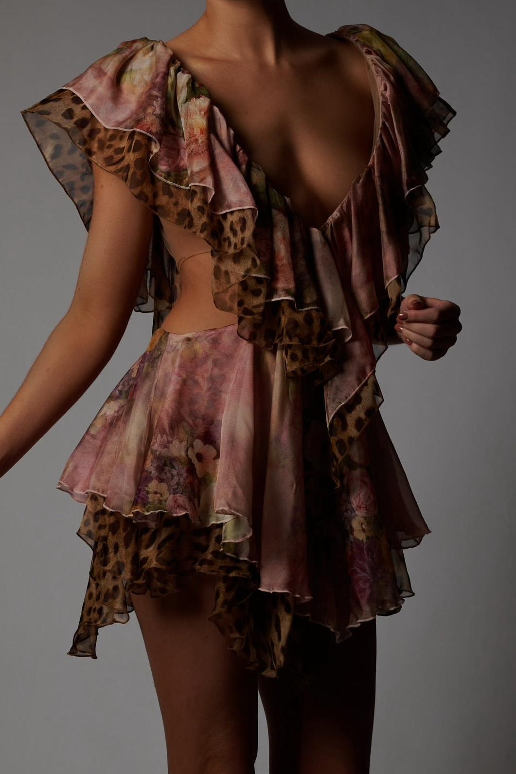 Leopard Print Cut-Out Frill Mini Dress