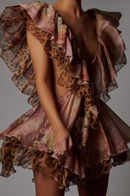 Leopard Print Cut-Out Frill Mini Dress