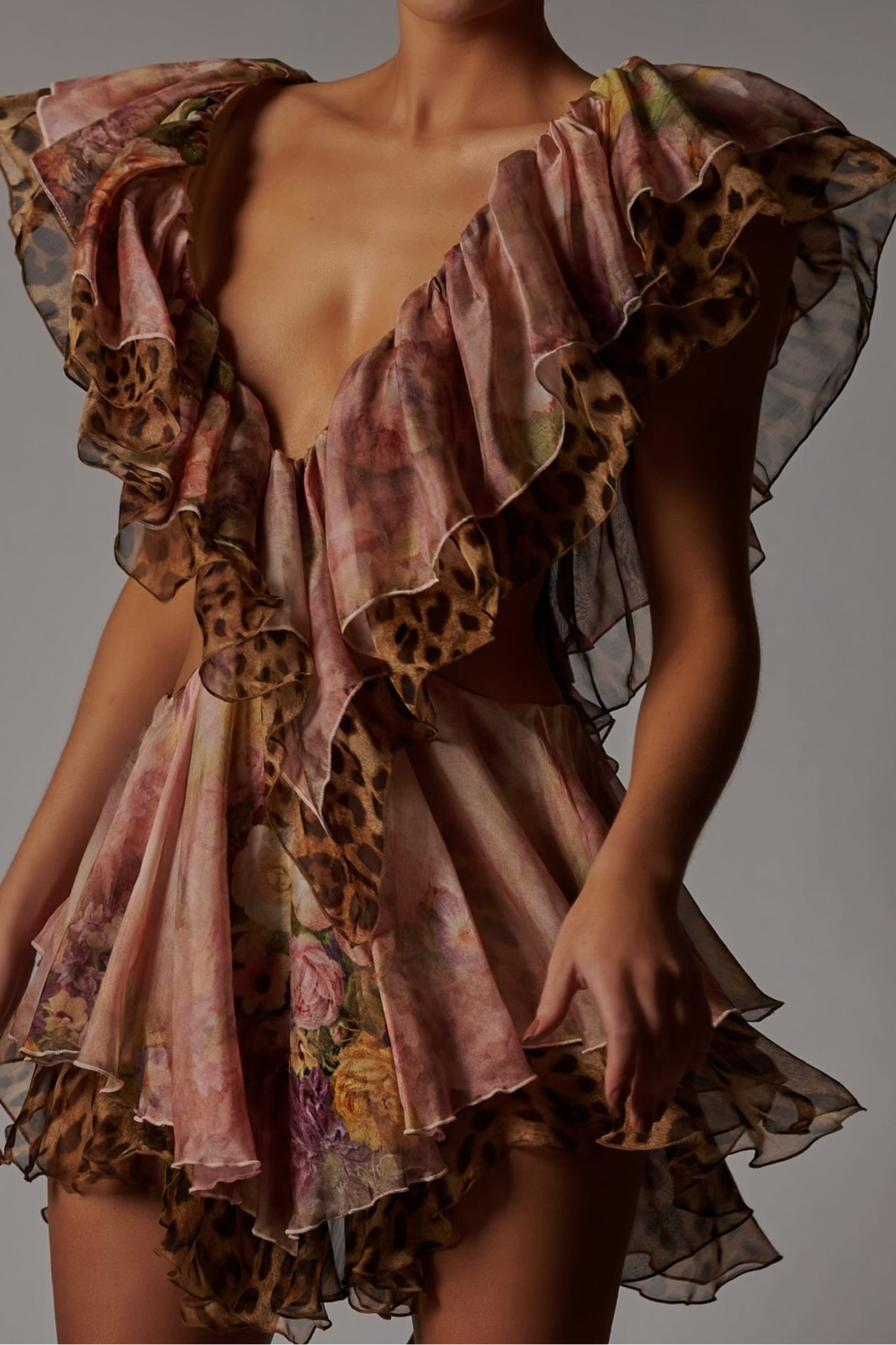 Leopard Print Cut-Out Frill Mini Dress