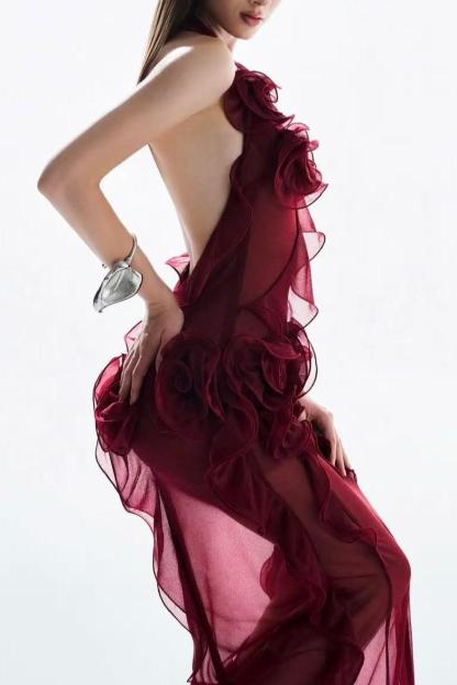 3D Flower Halter-Neck Frill Maxi Dress