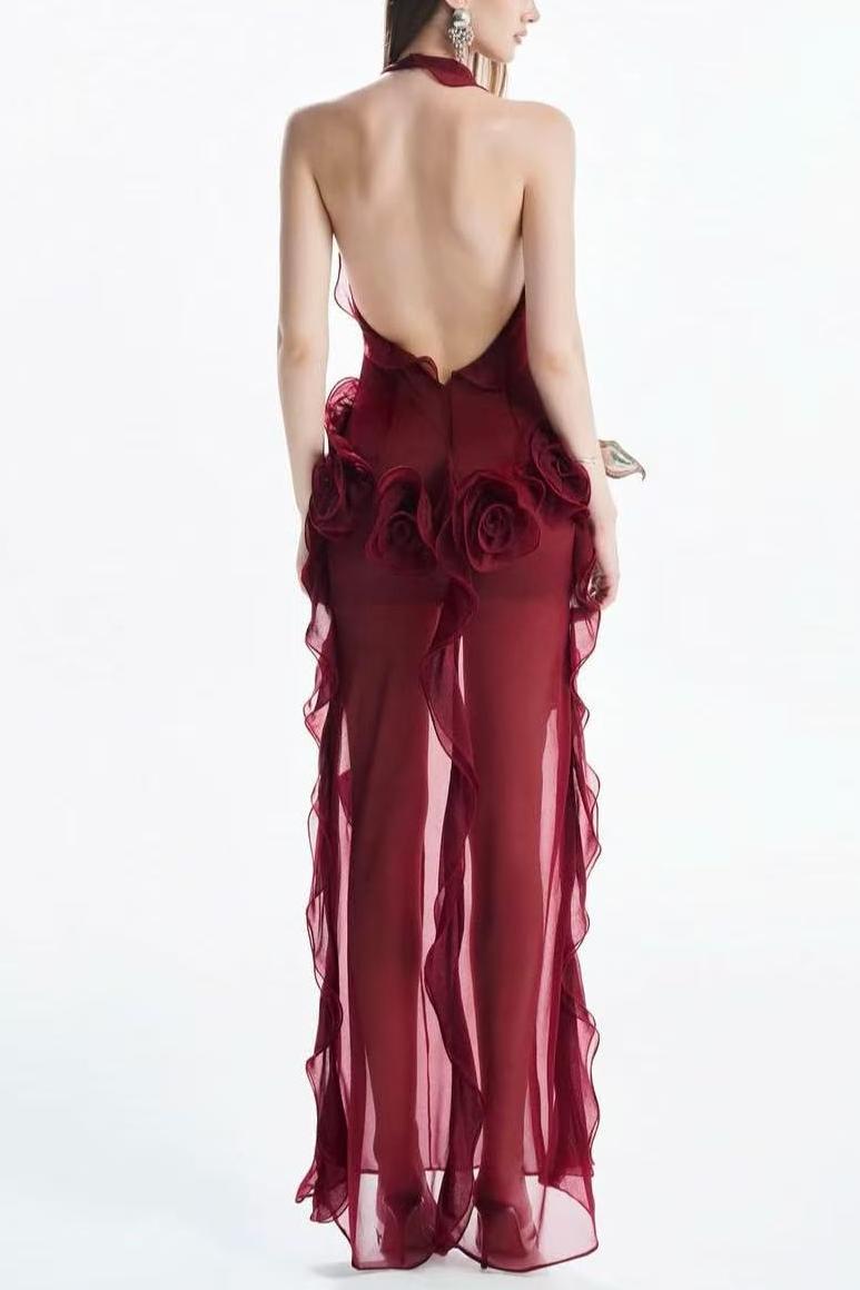 3D Flower Halter-Neck Frill Maxi Dress