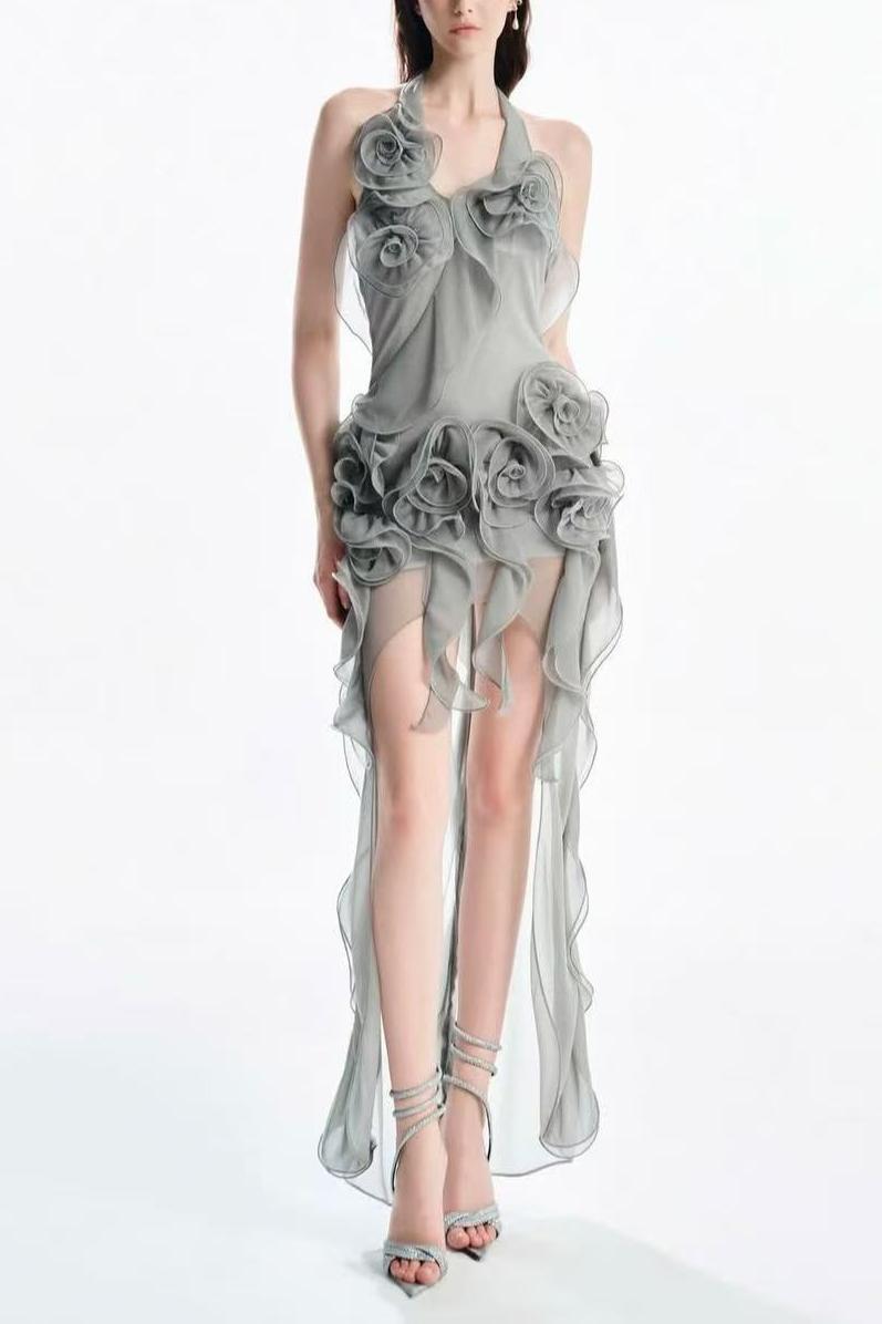 3D Flower Halter-Neck Frill Maxi Dress