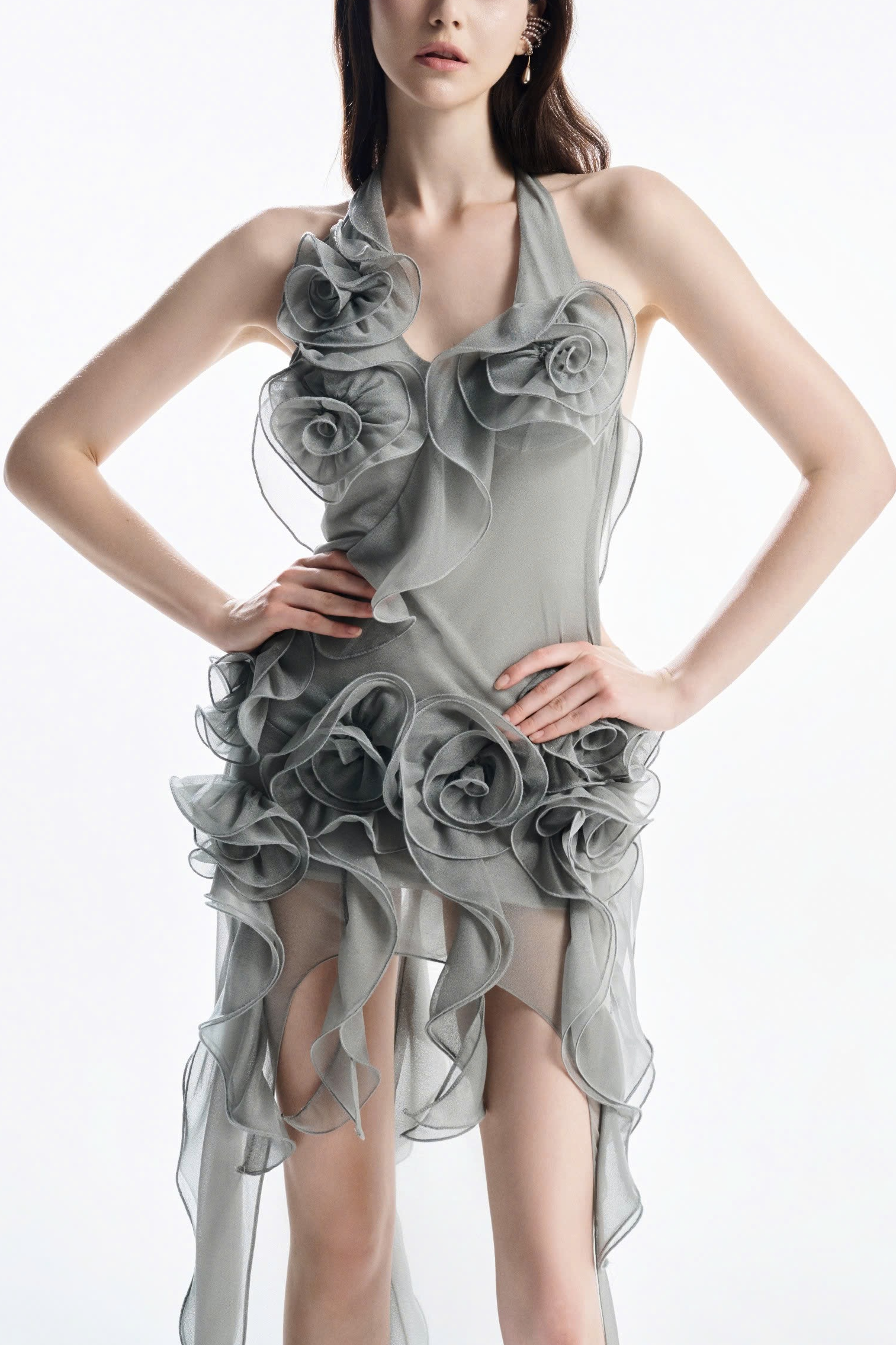 3D Flower Halter-Neck Frill Maxi Dress