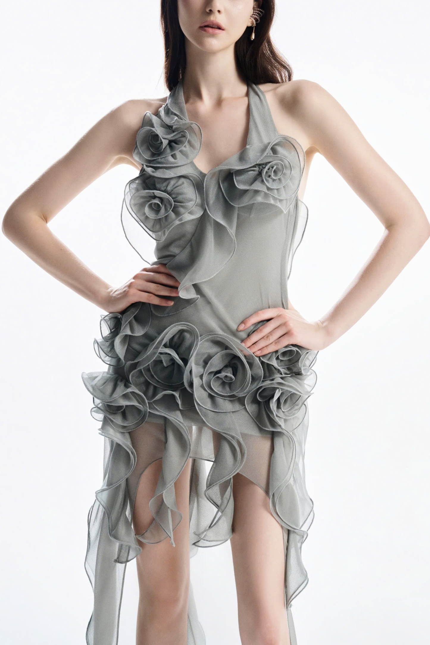 3D Flower Halter-Neck Frill Maxi Dress