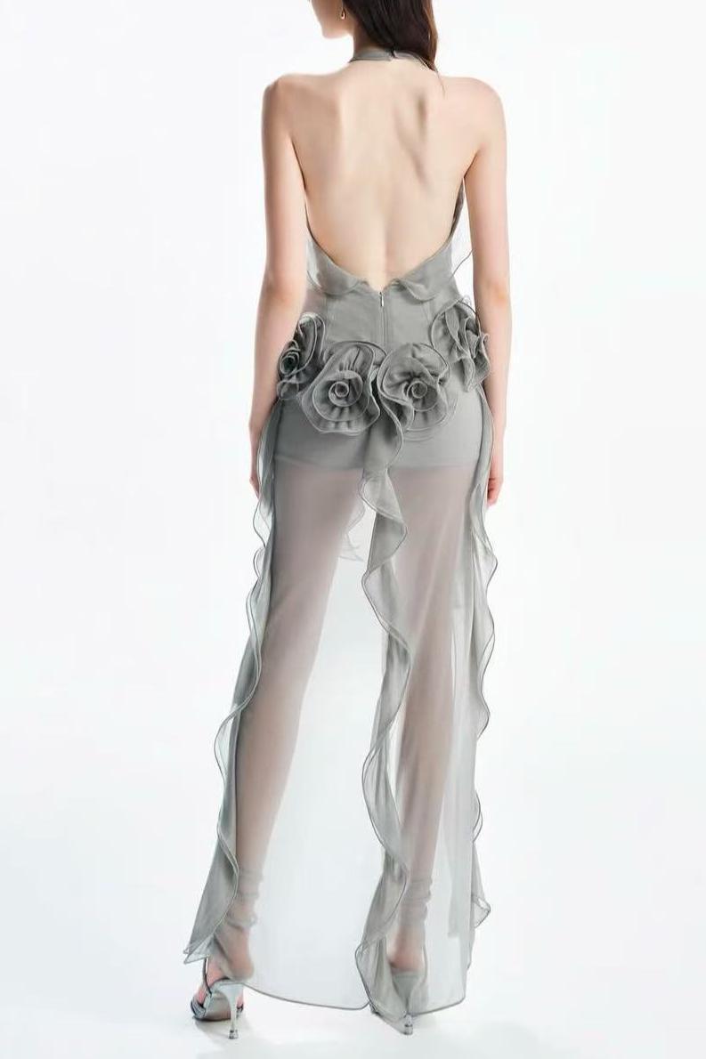 3D Flower Halter-Neck Frill Maxi Dress