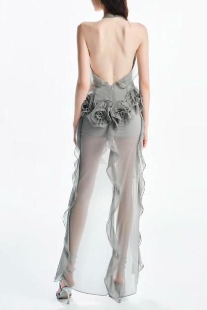 3D Flower Halter-Neck Frill Maxi Dress