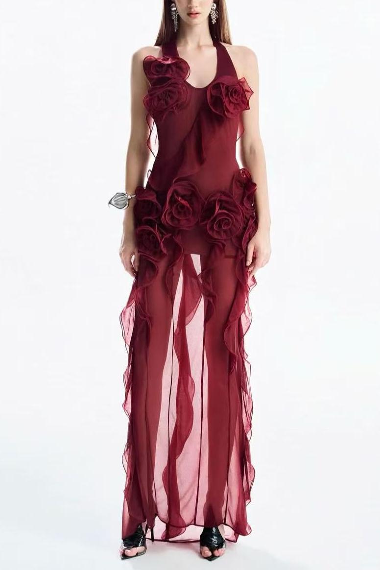 3D Flower Halter-Neck Frill Maxi Dress