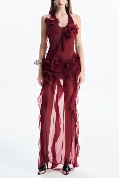 3D Flower Halter-Neck Frill Maxi Dress