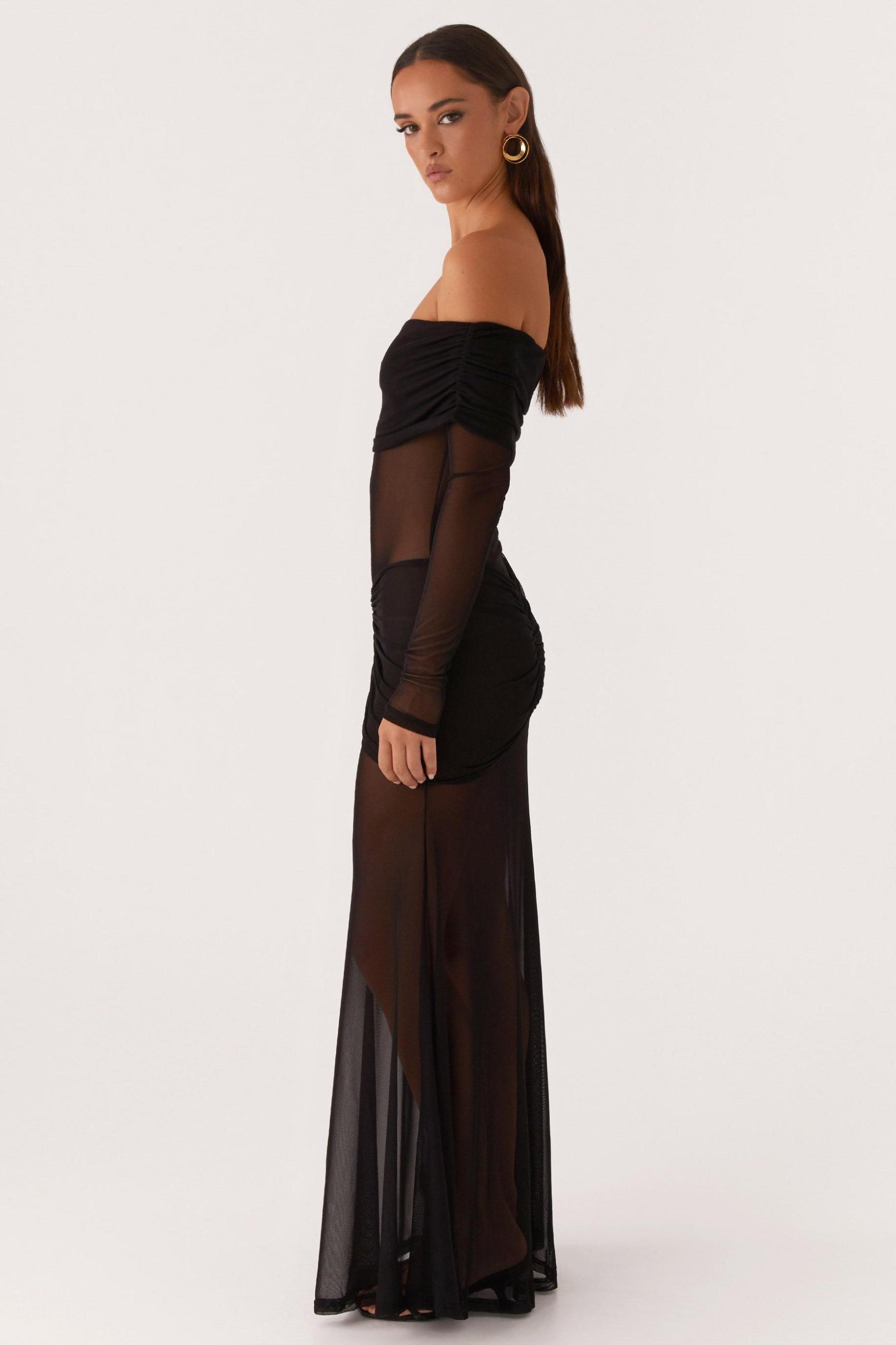 Mesh Off-Shoulder Long Sleeve Maxi Dress