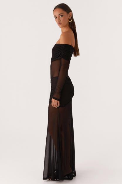 Mesh Off-Shoulder Long Sleeve Maxi Dress