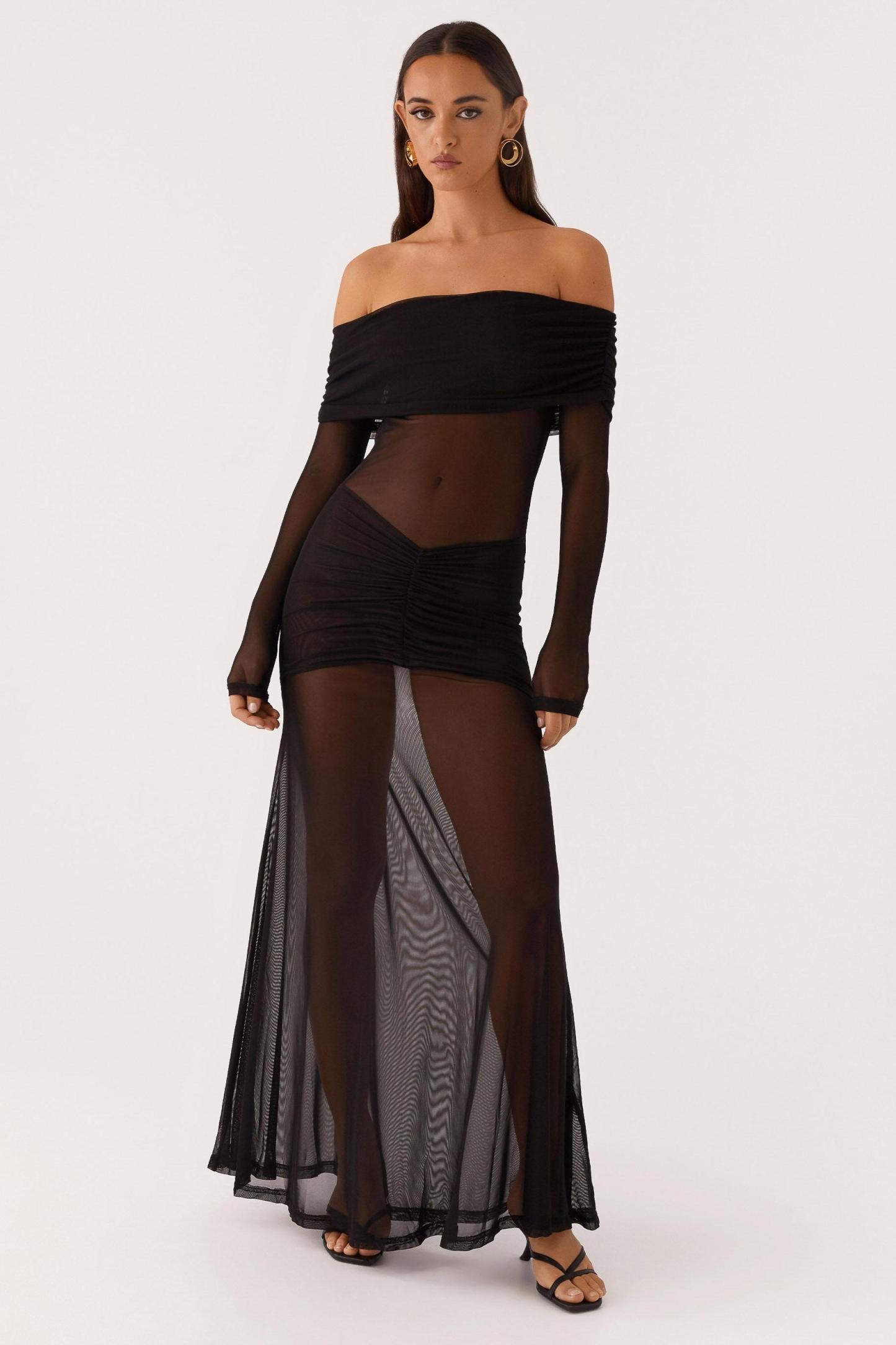Mesh Off-Shoulder Long Sleeve Maxi Dress